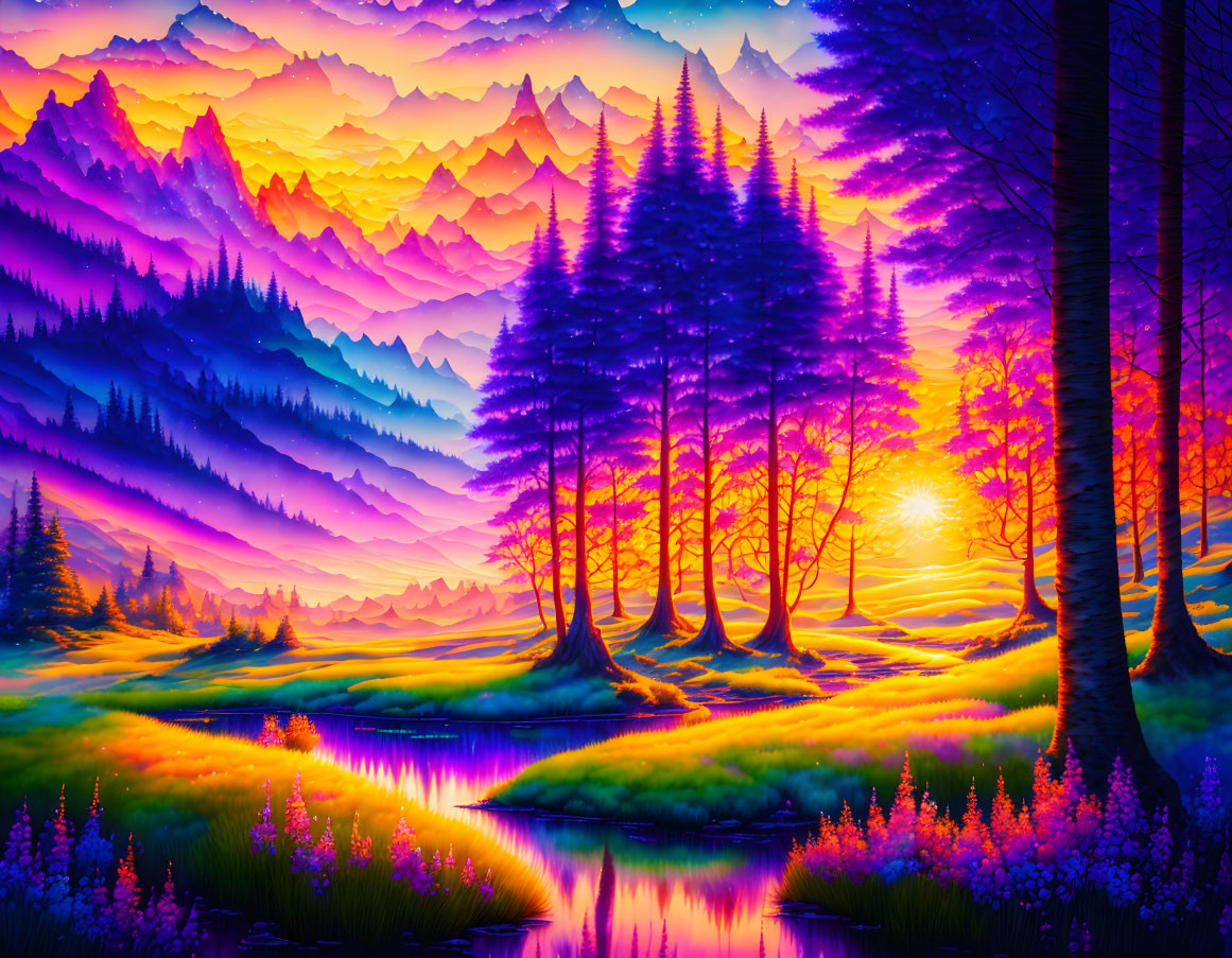Colorful landscape with purple mountains, green trees, river, and sunset sky