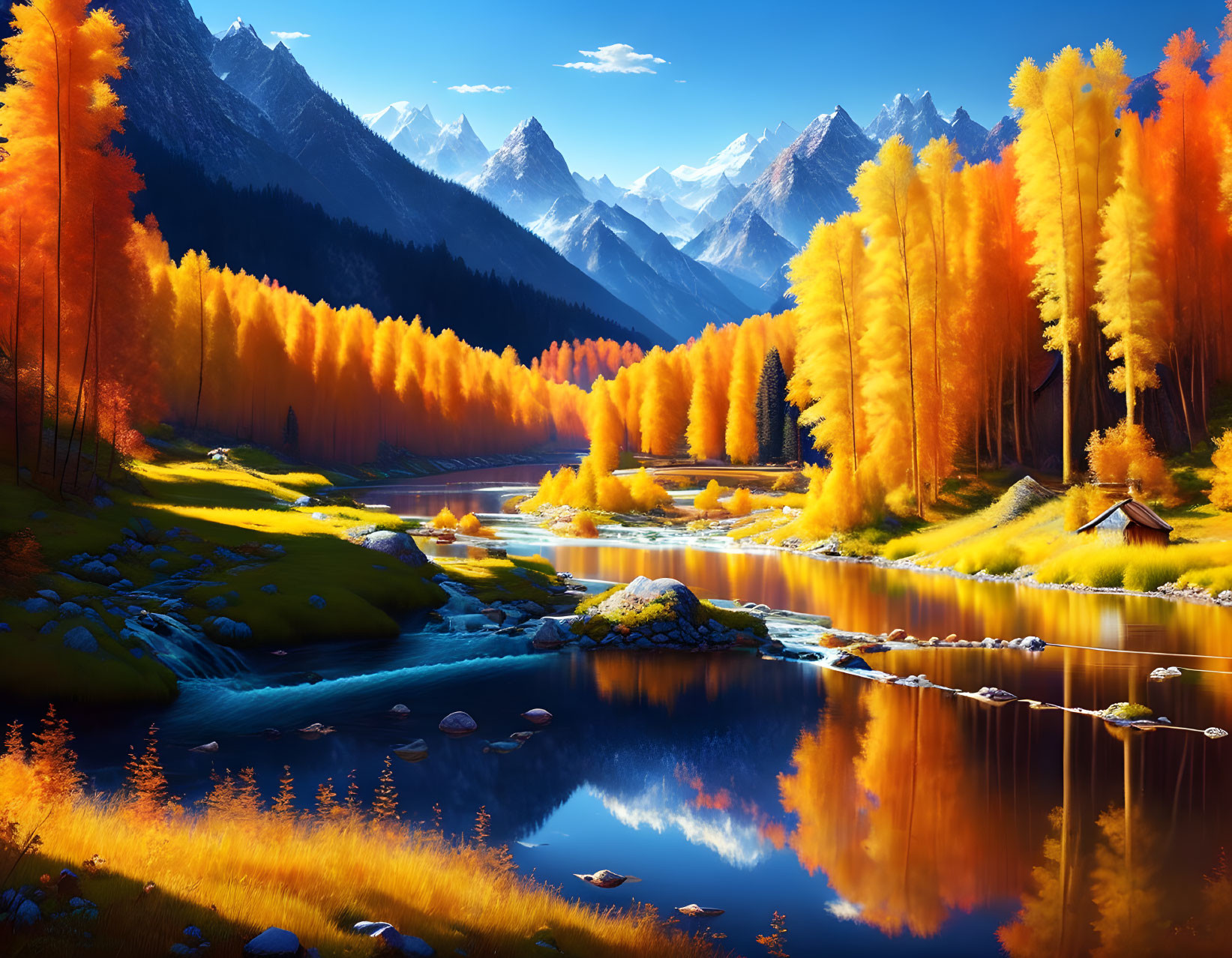 Autumn landscape with river, golden foliage, snowy mountains