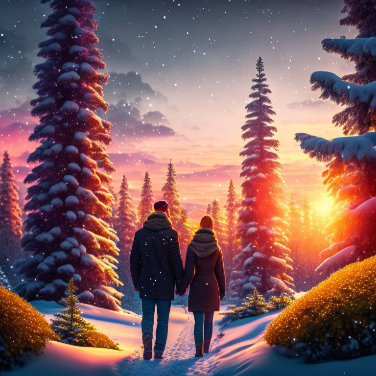 Couple walking in snowy forest at sunset among tall pine trees