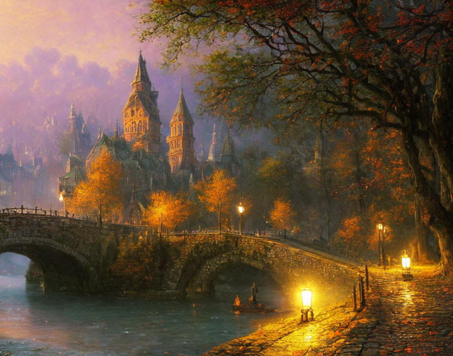 Twilight scene with cobblestone path, autumn trees, street lamps, bridge, and castle.