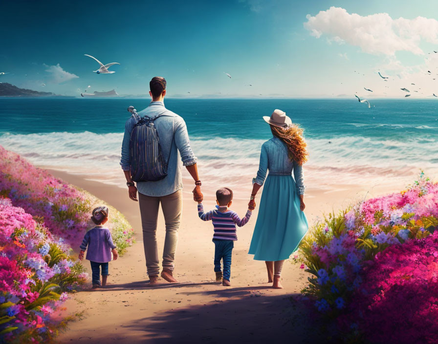 Family of Four Walking to Sunny Beach with Seagulls and Flowers