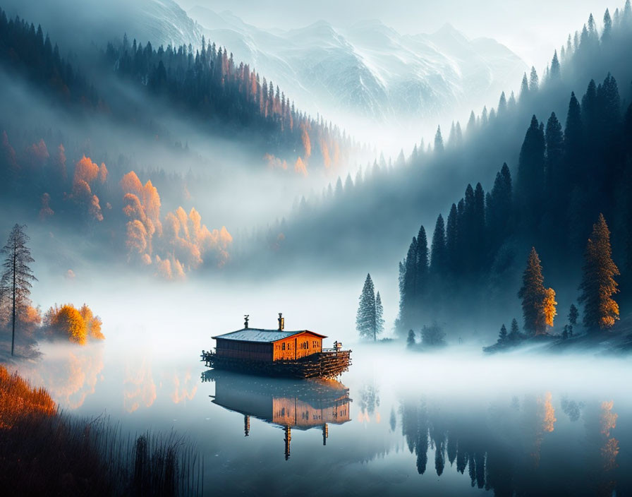 Misty Lake at Dawn with Cabin Reflection, Autumn Trees & Mountains