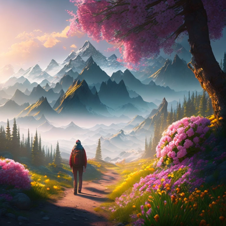 Traveler with large backpack in vibrant mountain landscape