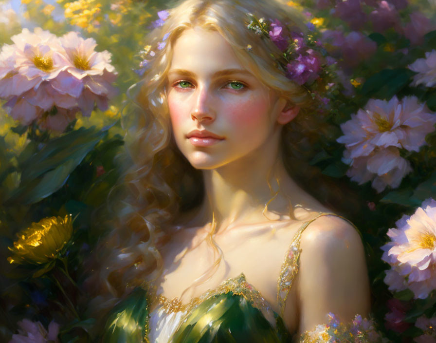 Blond Woman with Flowers in Soft-focus Nature Scene