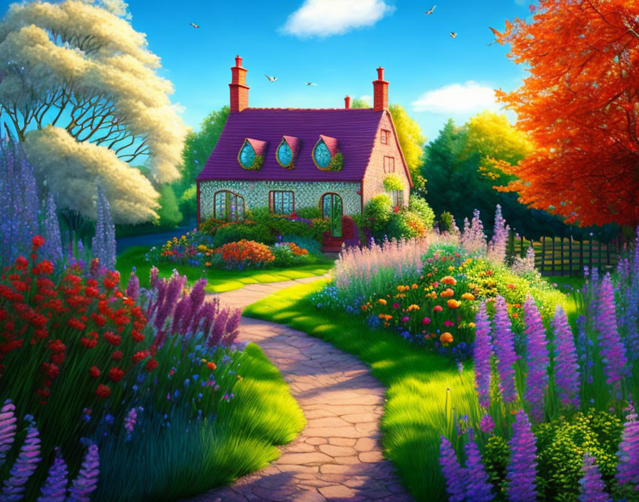 Colorful Garden Path to Quaint Cottage with Flowers & Birds