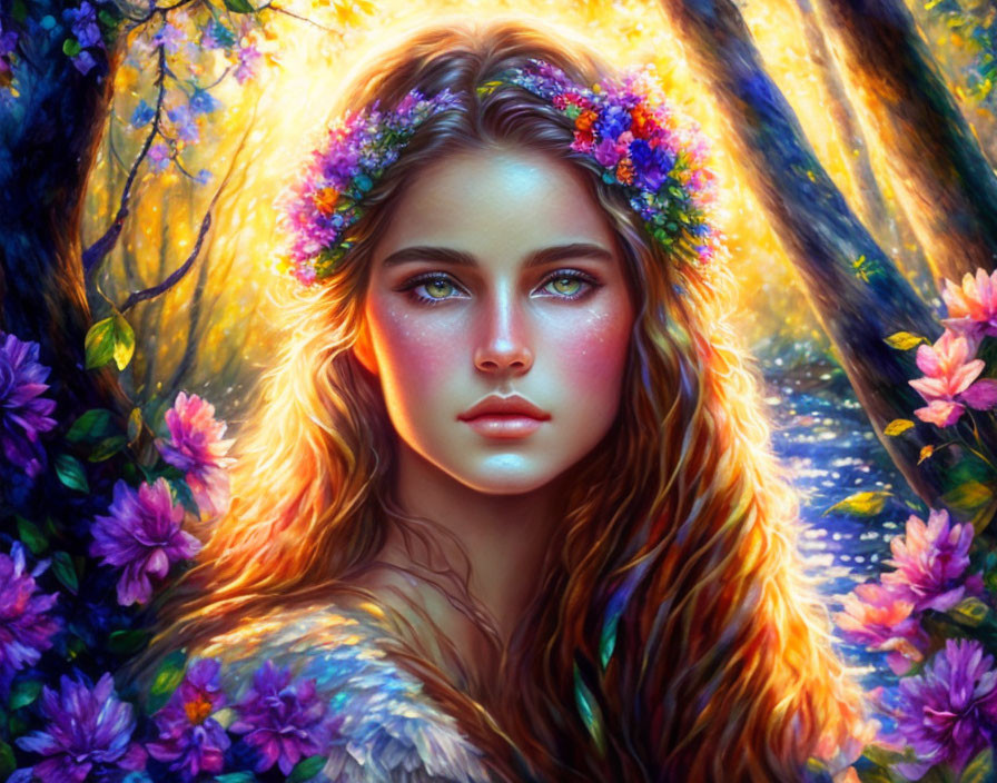 Fantasy portrait of woman with floral crown in vibrant floral setting