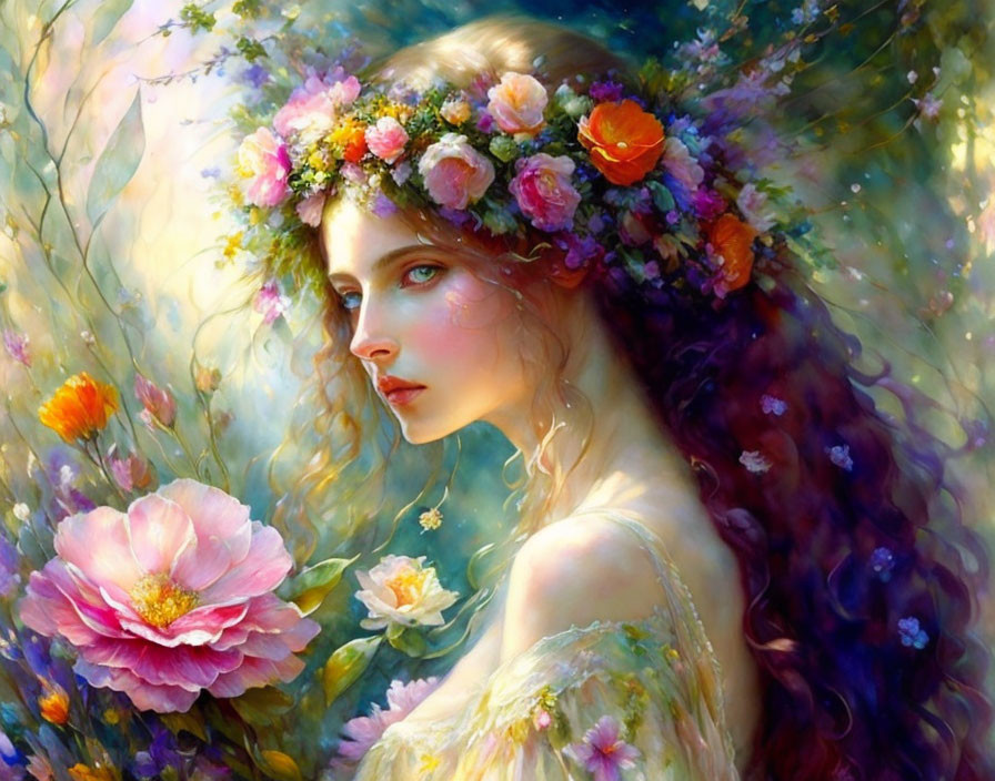 Woman with Floral Wreath Surrounded by Vibrant Flowers