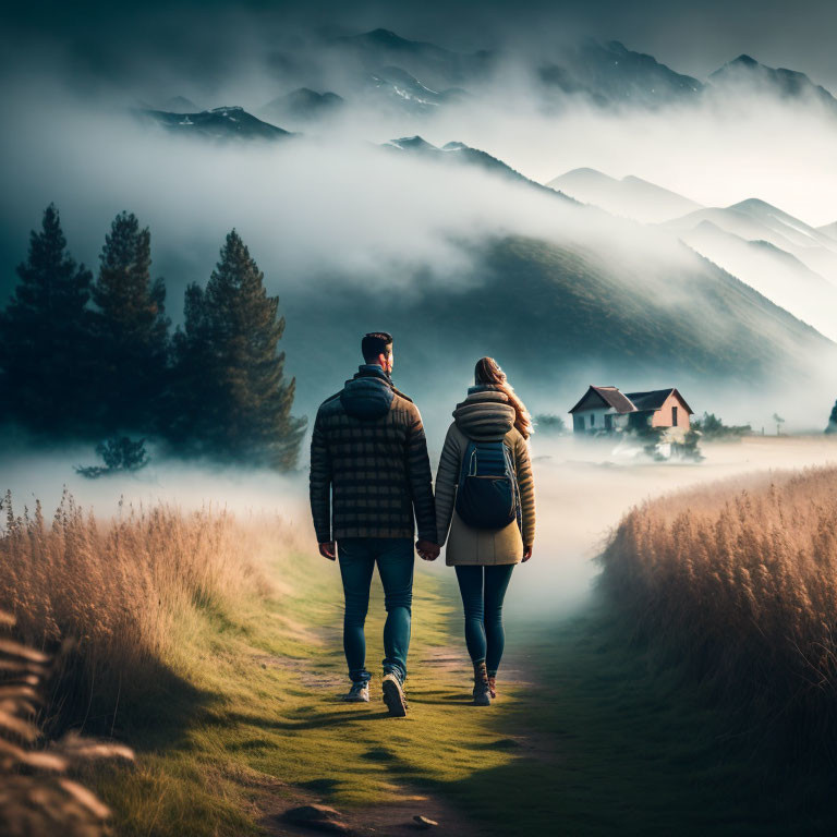 Couple walking through misty meadow towards mountain range and quaint house.