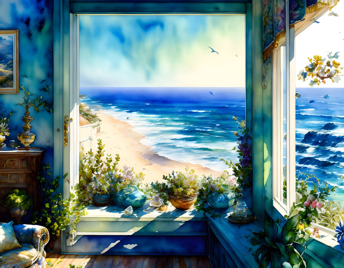 Colorful seaside balcony painting with lush plants, sunny beach, waves, and seagulls