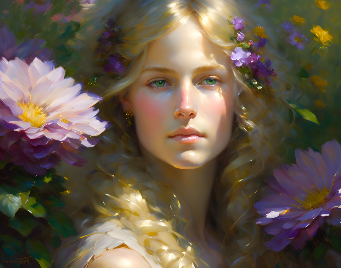 Blonde woman with braids and flowers in serene gaze, surrounded by colorful blossoms in dreamy