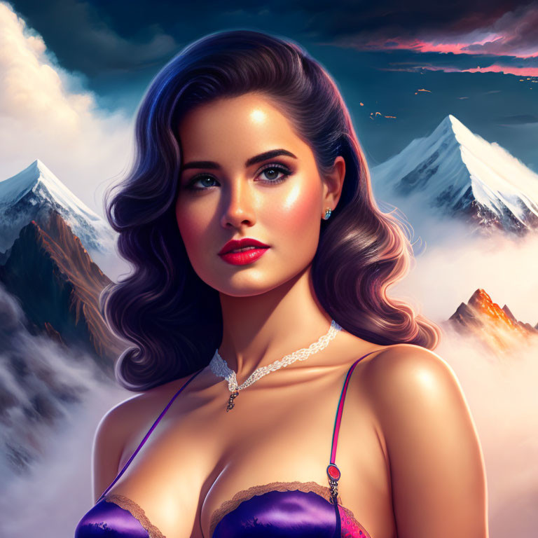 Dark-haired woman in purple dress against snowy mountains and twilight sky.