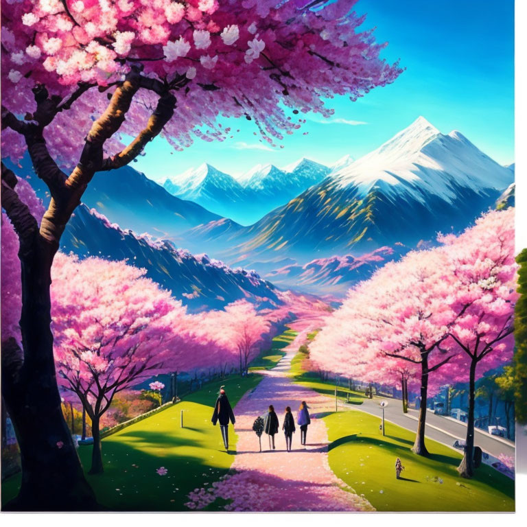 Scenic path with cherry blossom trees and snow-capped mountains