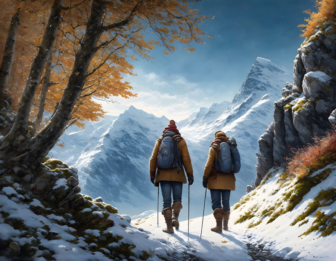 Hikers with backpacks on snowy mountain trail surrounded by autumn trees