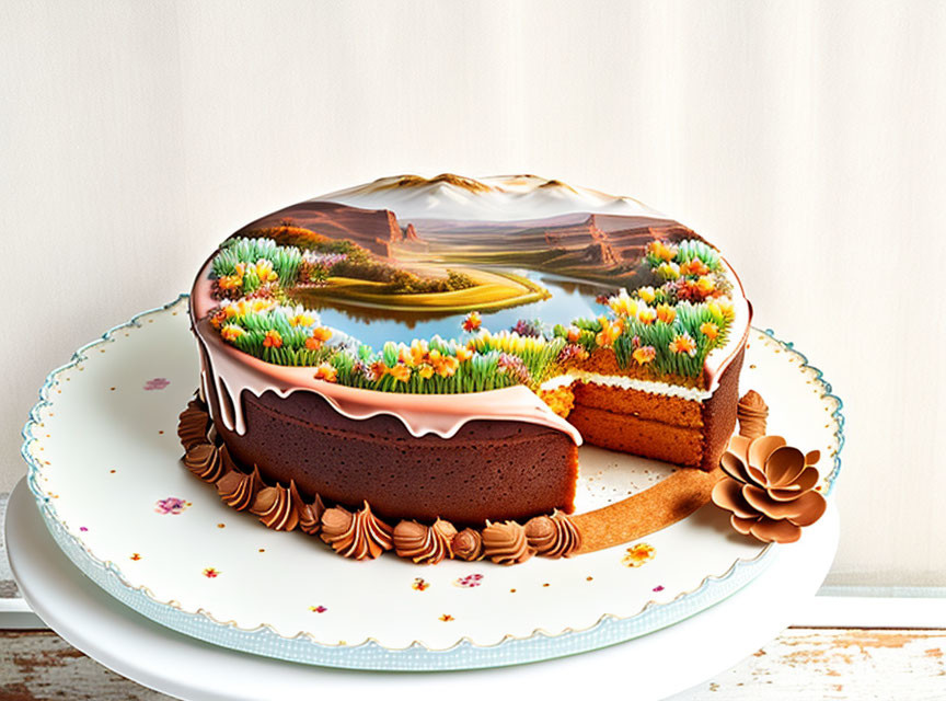 Landscape-themed cake with mountains, river, icing flowers, and chocolate details