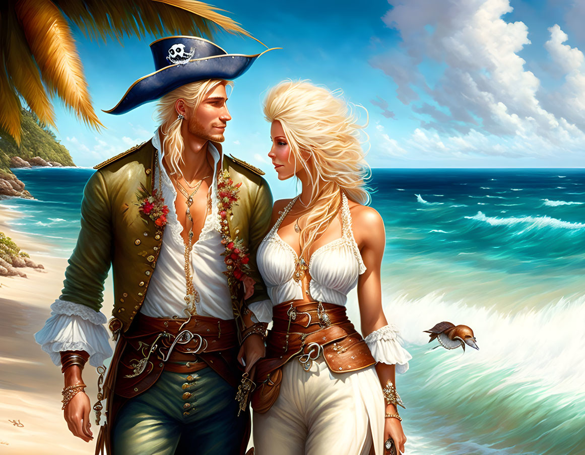 Pirate couple on tropical beach with vivid colors and intricate costumes