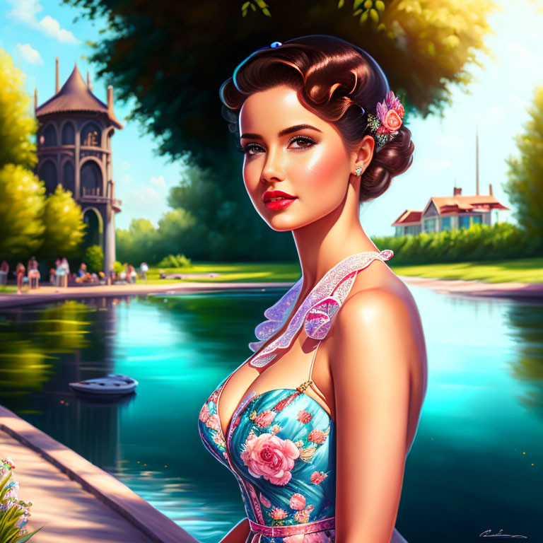 Illustrated woman in vintage attire by pond with castle and people on sunny day