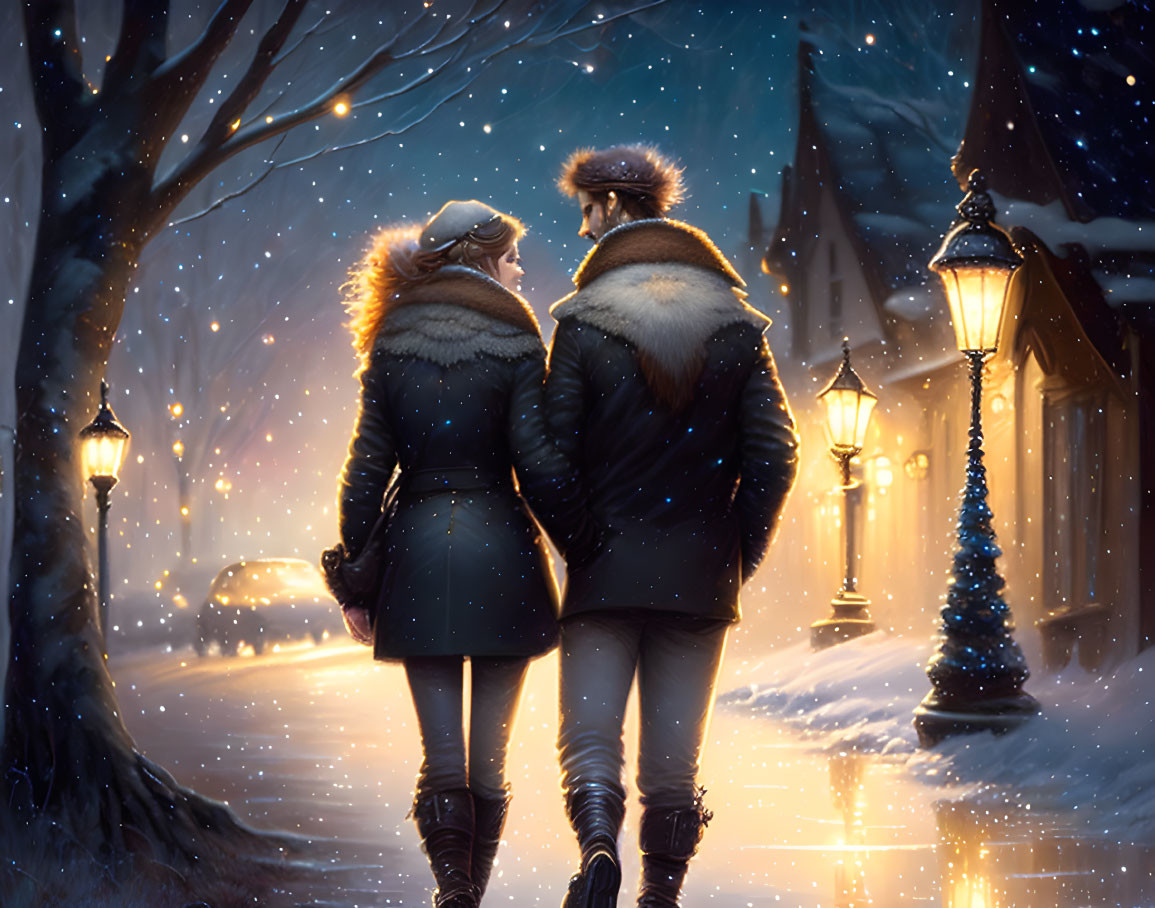 Snowy path with two people walking under street lamps