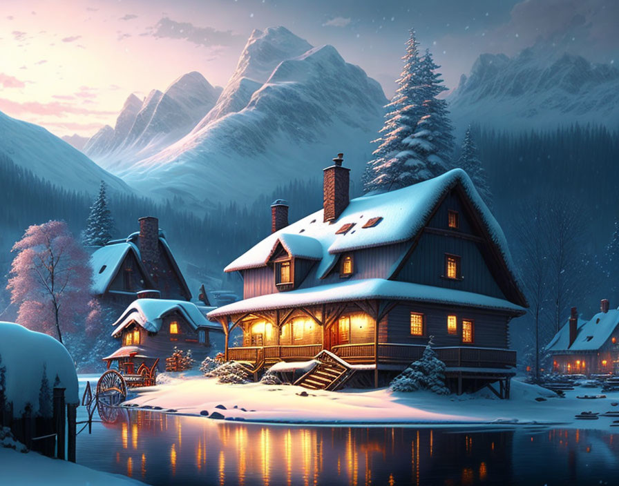 Snowy Winter Landscape: Cozy House by Frozen Lake