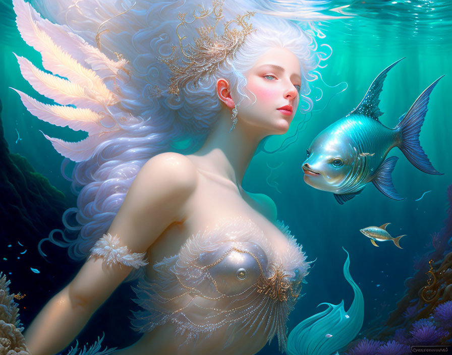 Ethereal underwater scene with serene mermaid and detailed fish among coral.