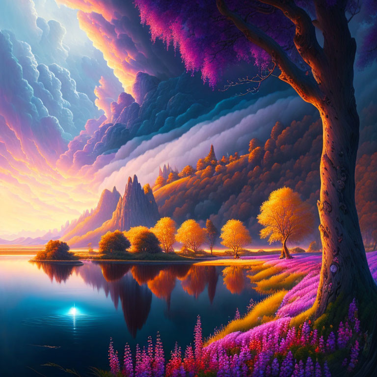 Scenic landscape: purple sky, serene lake, orange trees, purple flowers, distant mountains