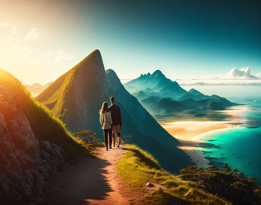 Couple on Mountain Path Overlooking Stunning Vista