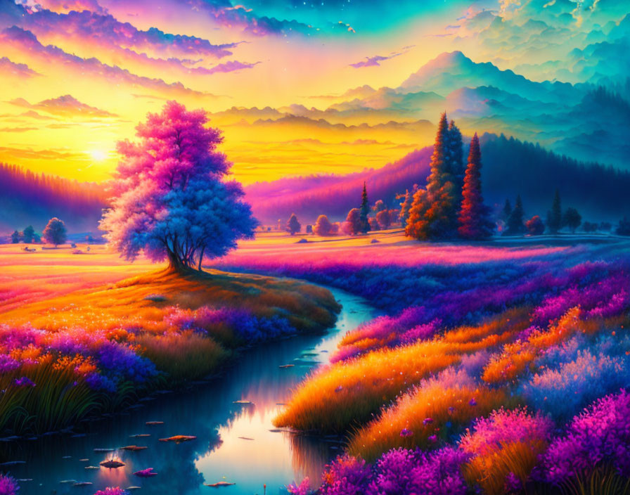 Colorful Sunrise Over Purple and Pink Flora, Winding Stream, Mountain Silhouettes