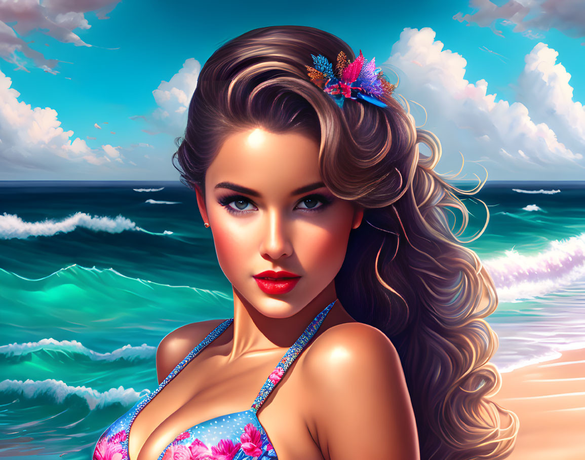 Illustrated woman with wavy hair and floral hairpiece by vibrant ocean.