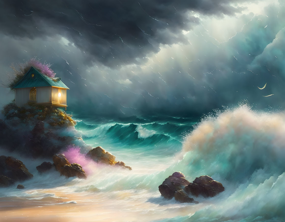 Secluded cliffside house with stormy sky and crashing waves