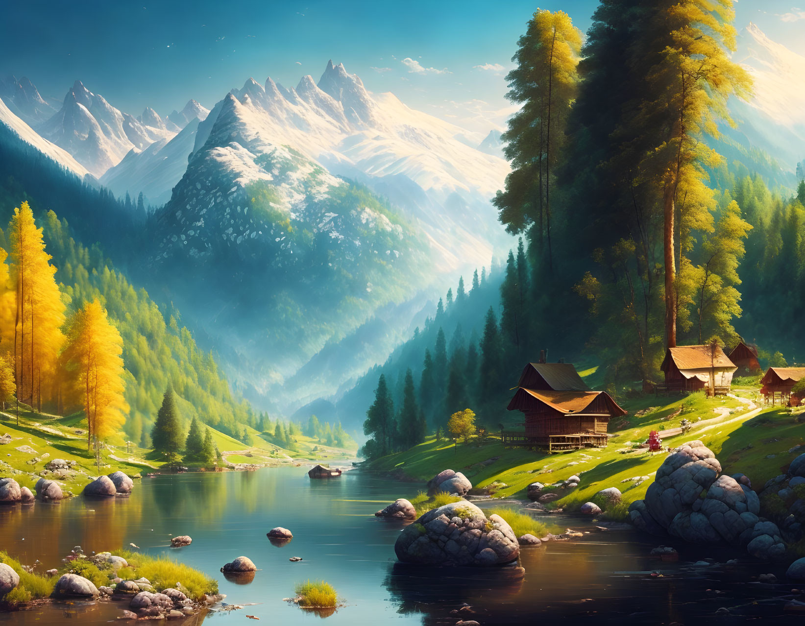 Scenic Mountain Valley with River, Autumn Trees, and Cabins