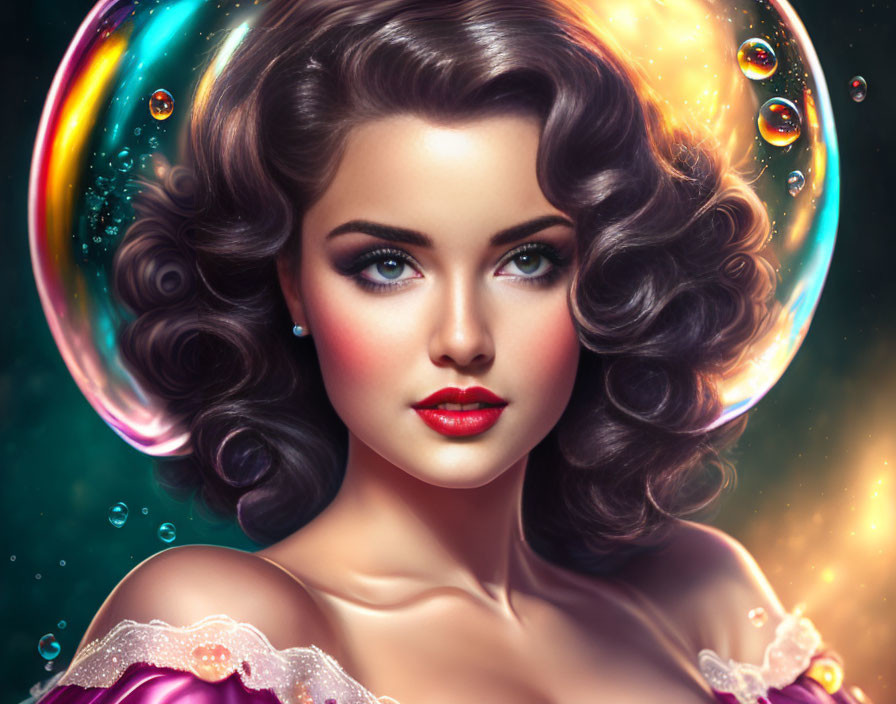 Vibrant makeup and curly hair in digital portrait