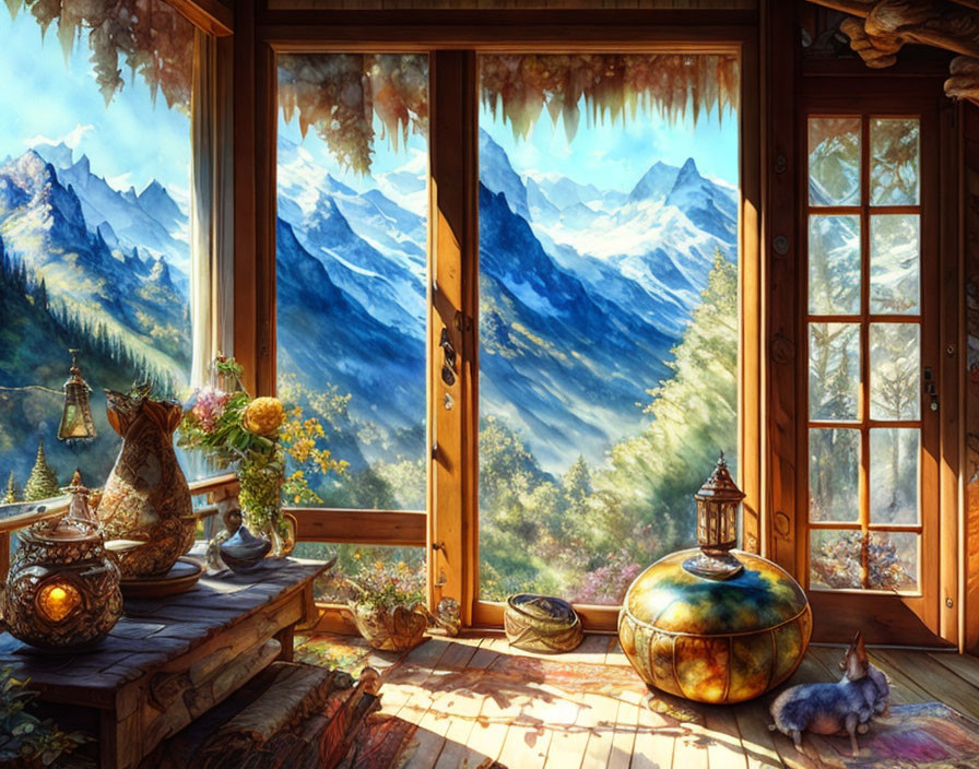 Mountain cabin interior with alpine view, vases, and sleeping cat by window