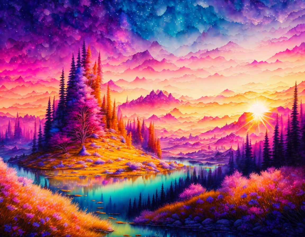 Fantasy landscape with purple skies, starry clouds, pink foliage, serene lake, and sunset-l