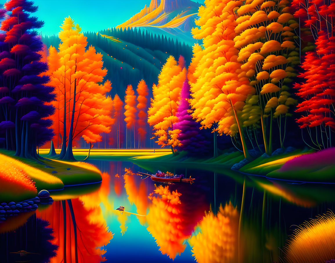 Colorful autumn landscape with trees, boat on river, serene atmosphere