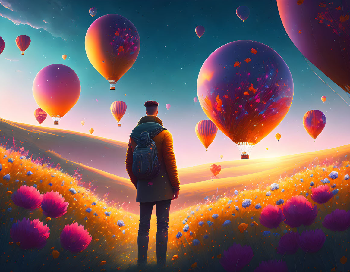 Person in Vibrant Flower Field with Colorful Hot Air Balloons at Twilight