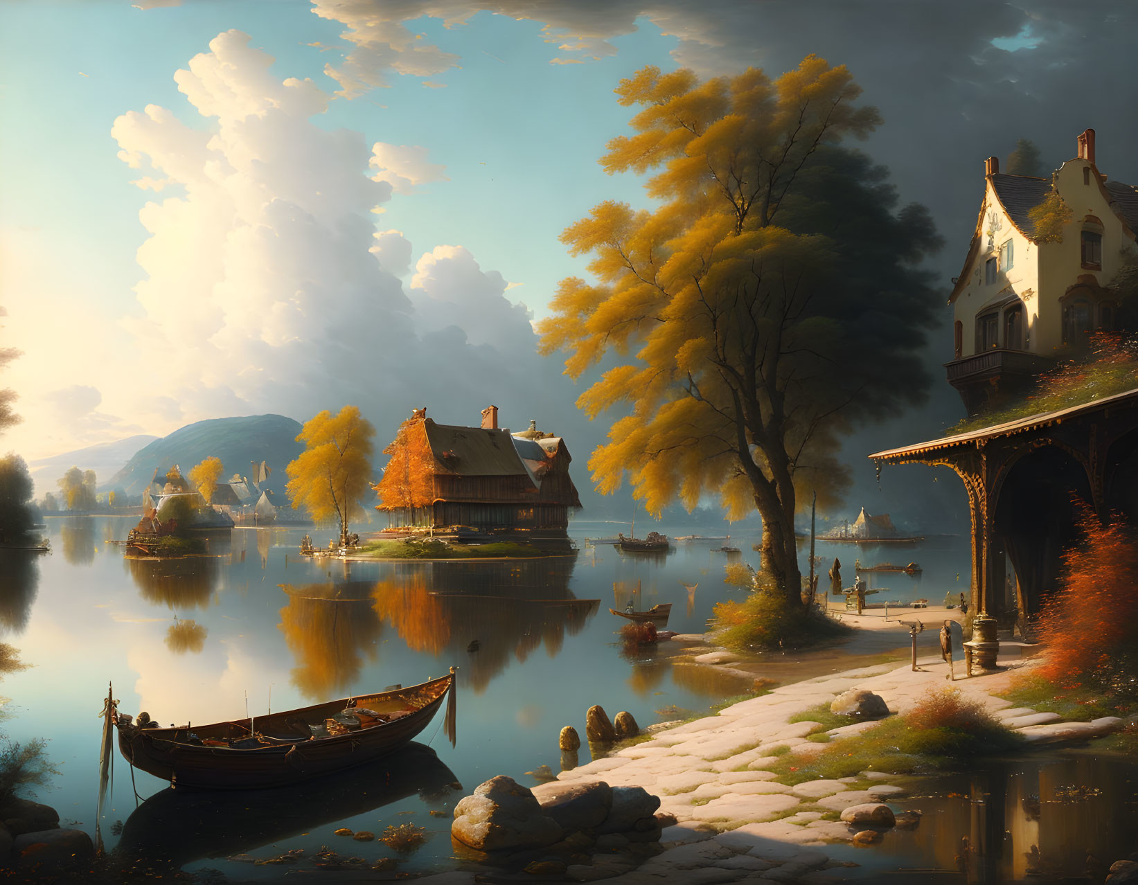 Tranquil lake scene with boats, islands, autumn trees, cottage, and dramatic sky