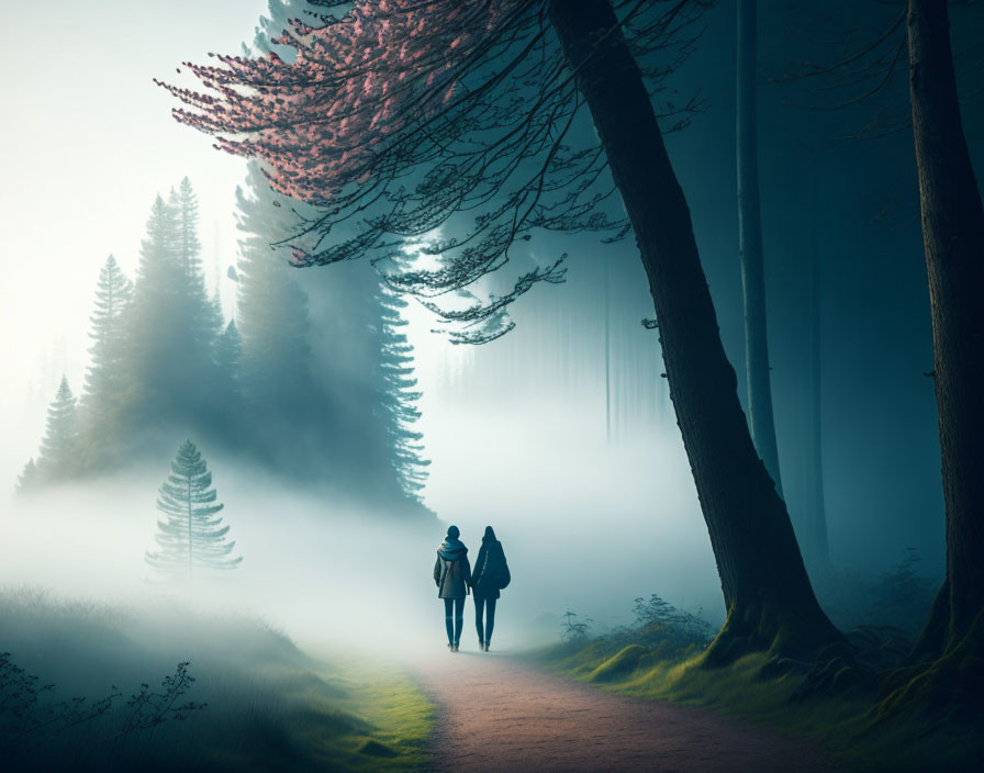 Misty forest path with two people and pink foliage tree