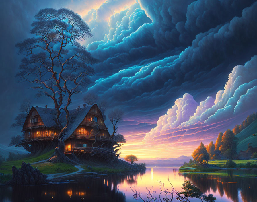 Fantasy landscape: cozy cottage by calm lake at dusk