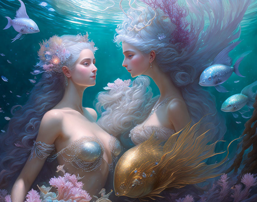 Ethereal mermaids with elaborate hair in a shimmering blue sea