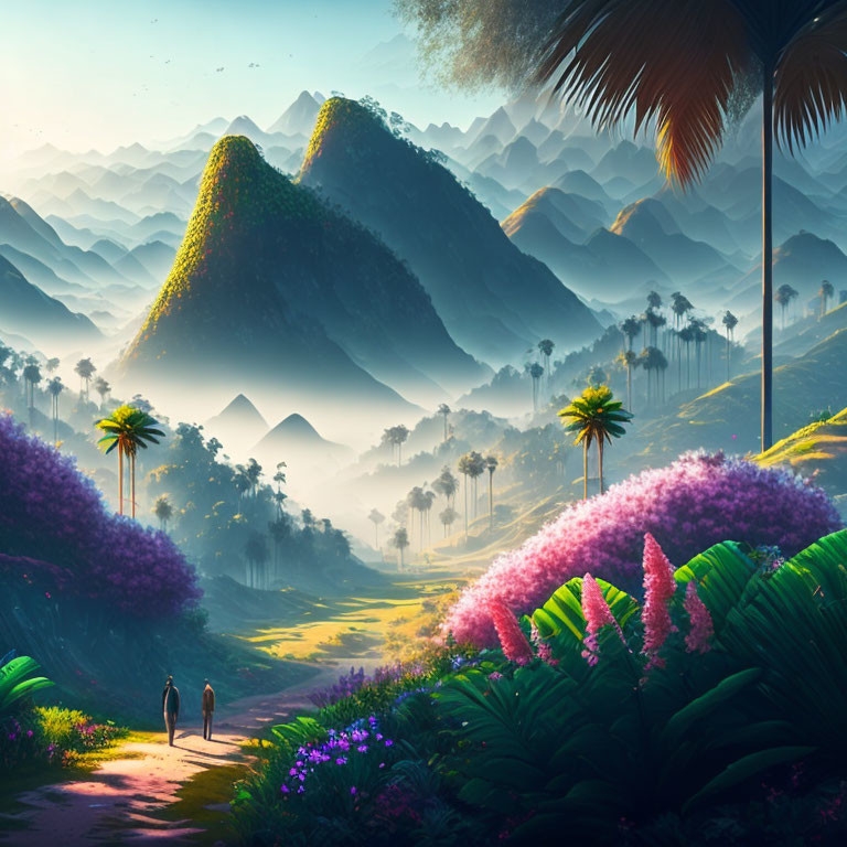 Vibrant landscape with lush mountains and colorful flora at sunrise or sunset