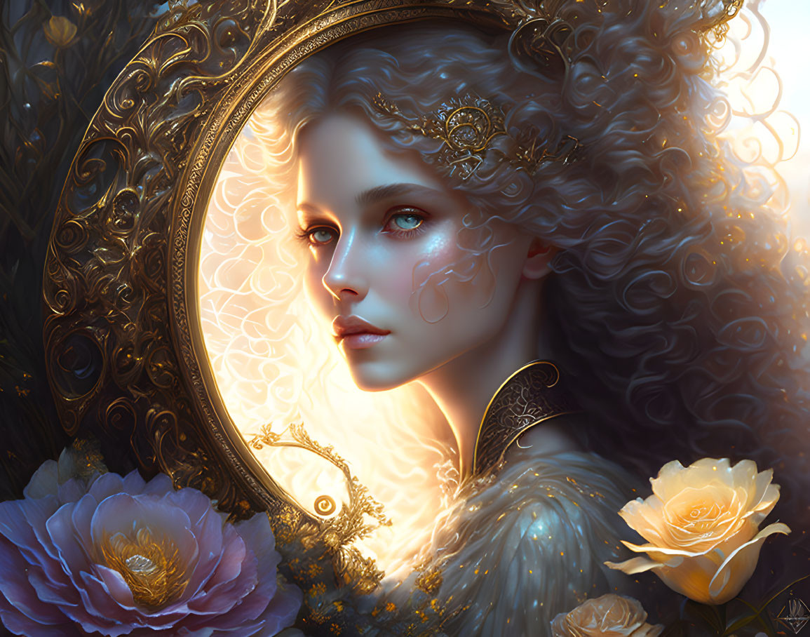 Ethereal portrait of woman with curly hair and ornate jewelry in golden circular frame with yellow flowers