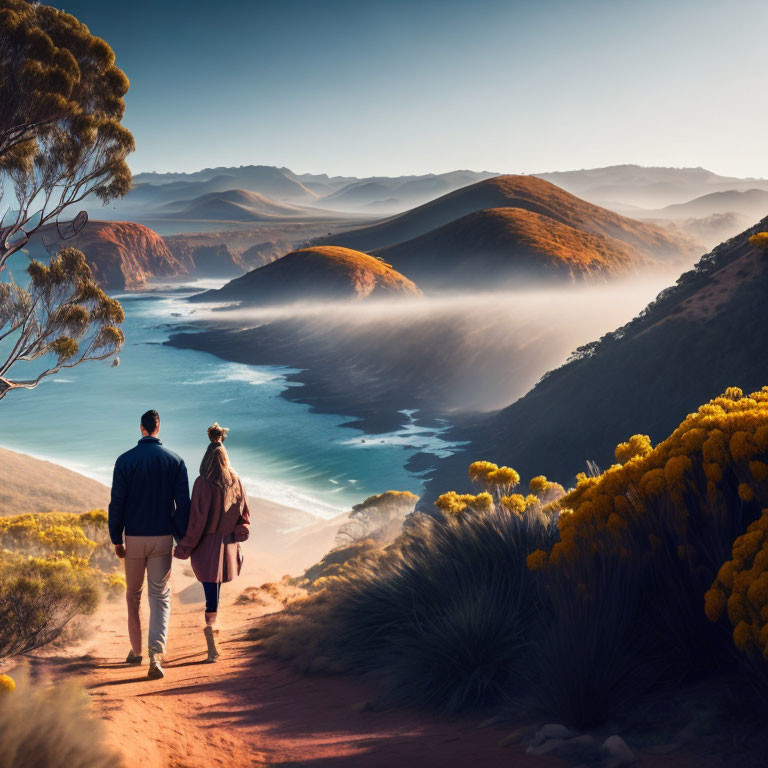 Couple walking towards misty coastline at sunrise with yellow flowers