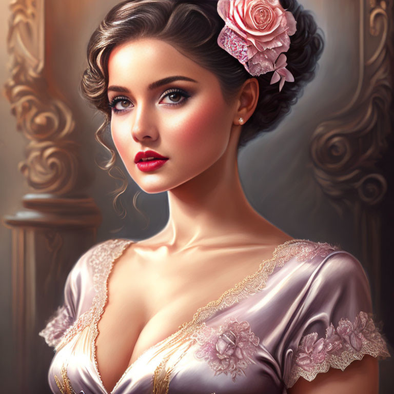 Illustrated woman in vintage lavender dress with pink rose in hair gazes elegantly.