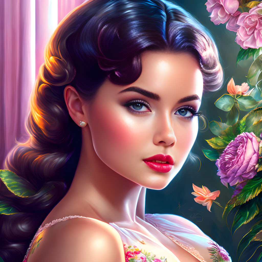 Digital Artwork: Woman with Dark Hair and Blue Eyes Among Vibrant Flowers