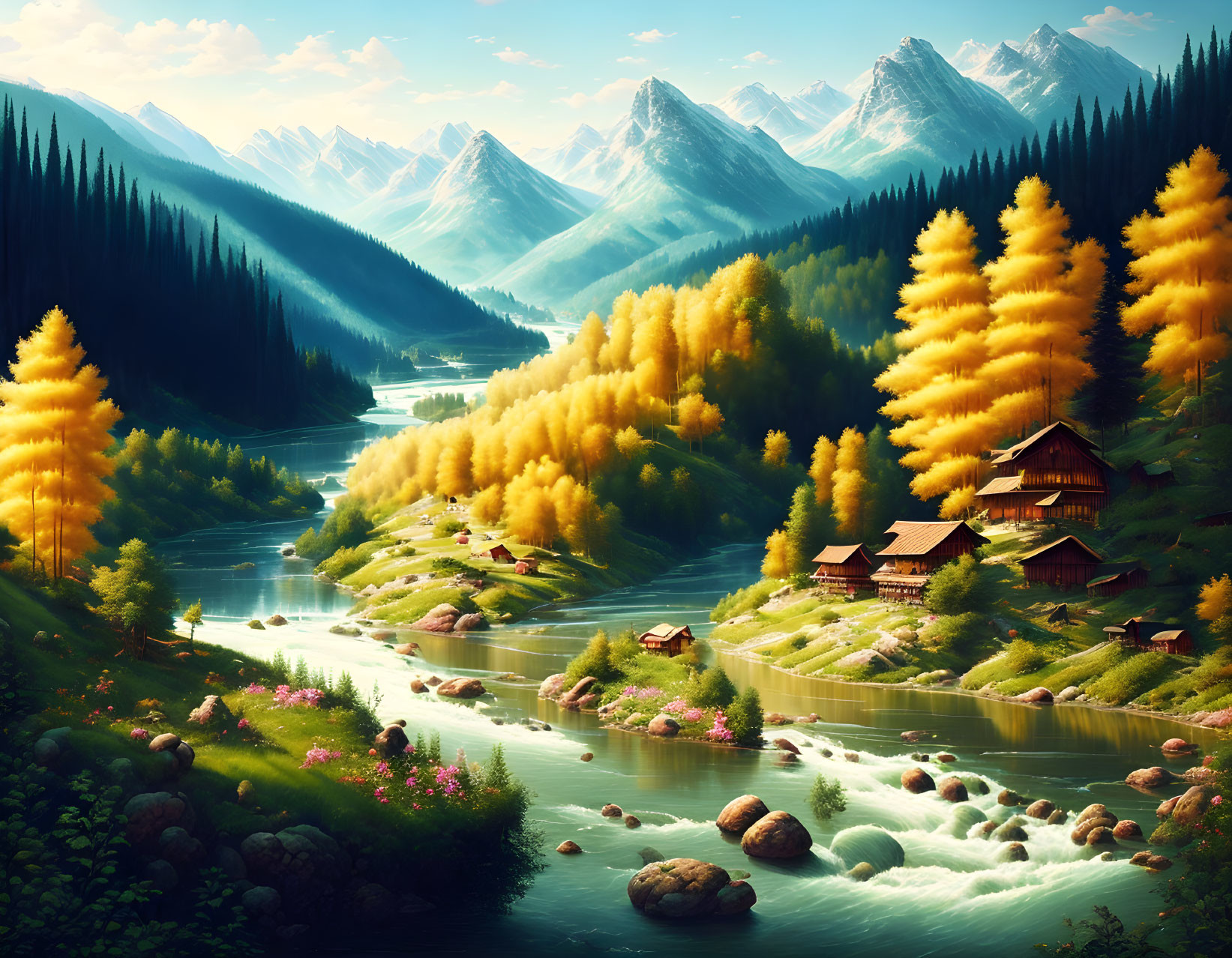 Scenic Mountain Valley with Golden Trees and River