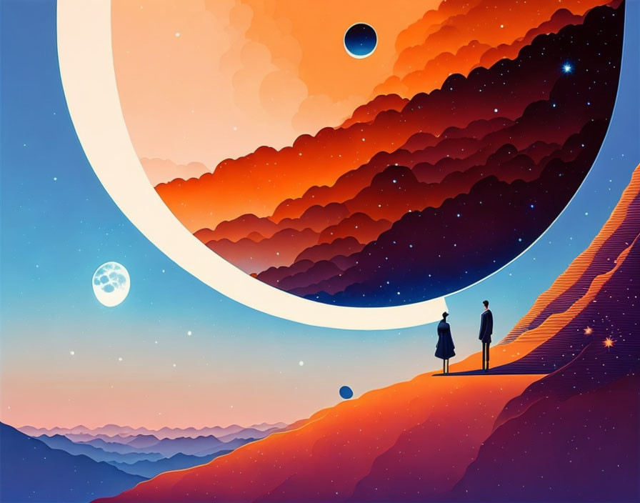 Silhouetted figures on stairway under surreal sky with crescent and planets