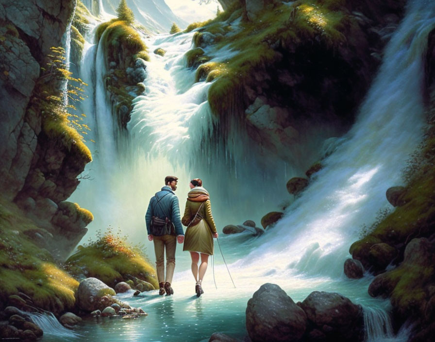 Couple walking to majestic waterfall in lush greenery