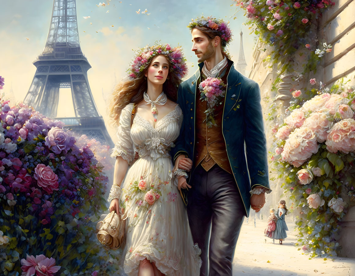 Romantic painting: Couple in vintage attire near Eiffel Tower