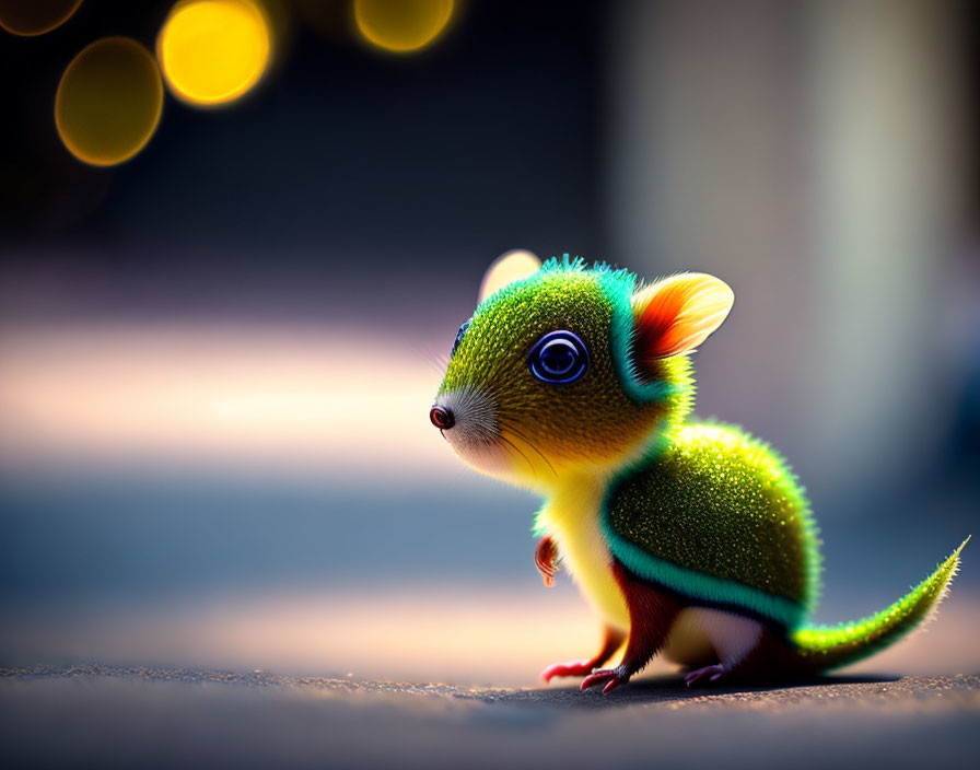 Colorful Stylized Fuzzy Mouse Creature in Soft Lighting