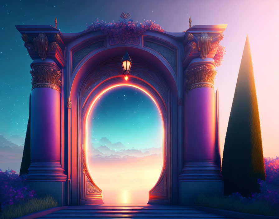 Ornate archway with glowing elements in serene, fantastical setting