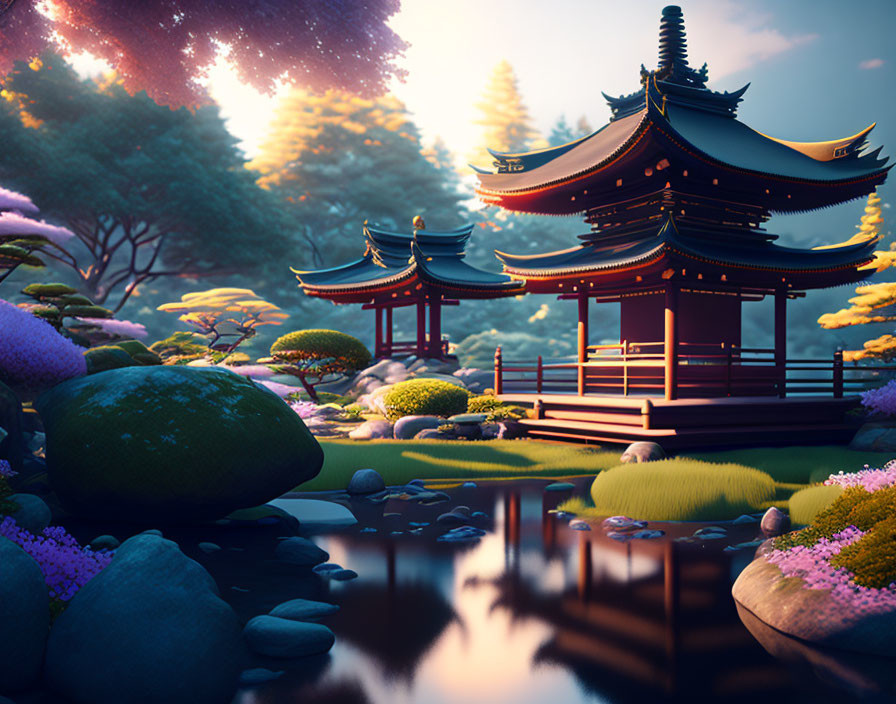 Tranquil Japanese Garden with Pagoda, Trees, and Pond at Sunset